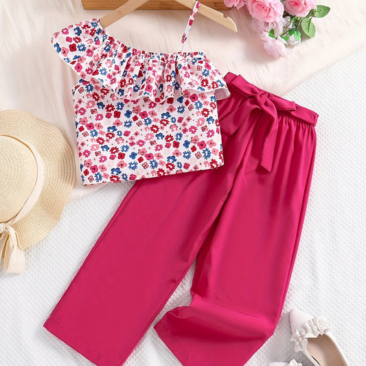 2pcs Toddler Girls Floral Ruffle Trim Top & Pants Set