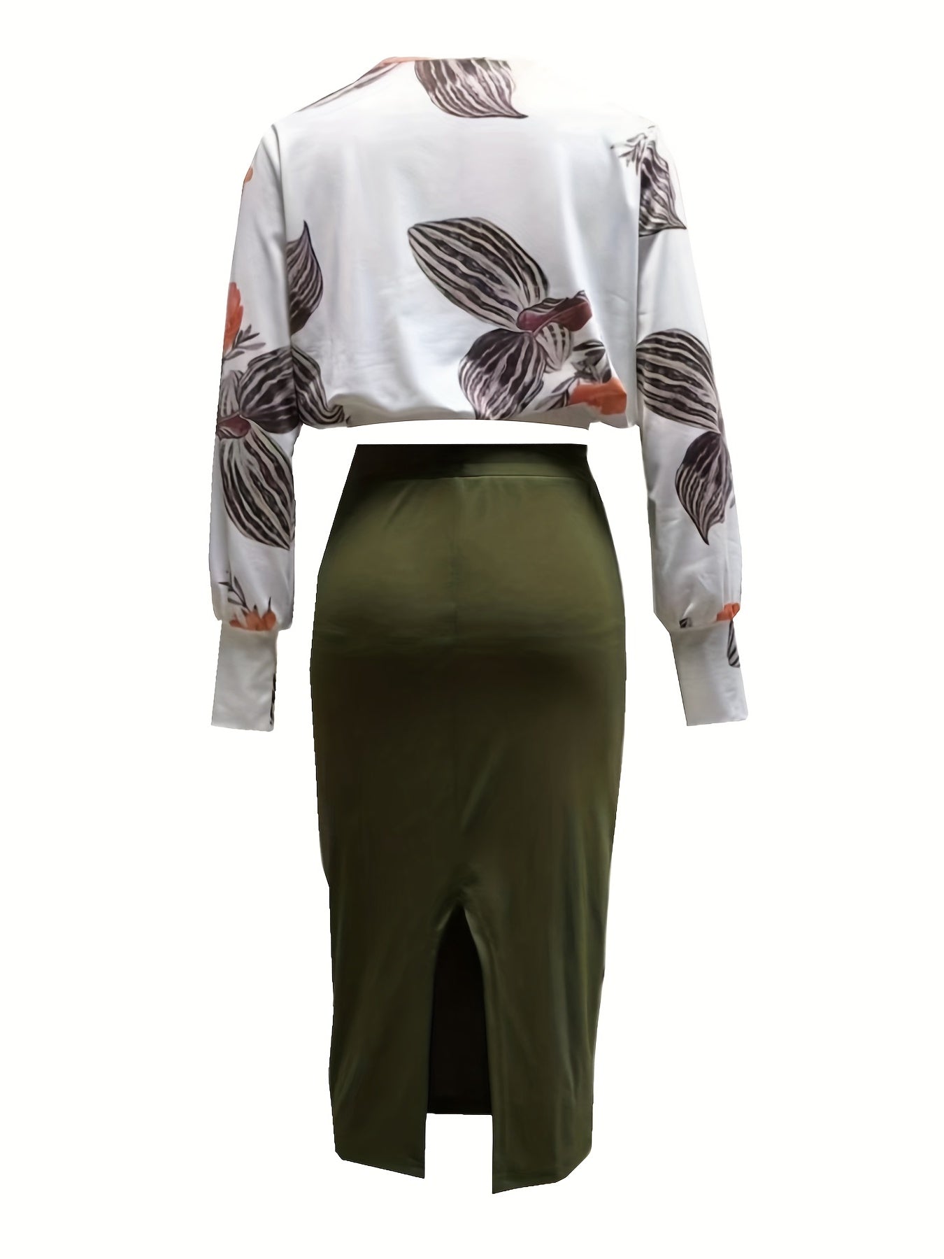 Casual Floral Print Long Sleeve Top & Solid Skirt Set Women's Outfit