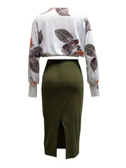 Casual Floral Print Long Sleeve Top & Solid Skirt Set Women's Outfit
