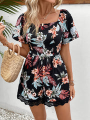 Floral Print Lace Romper Tie Back Short Sleeve Vacation