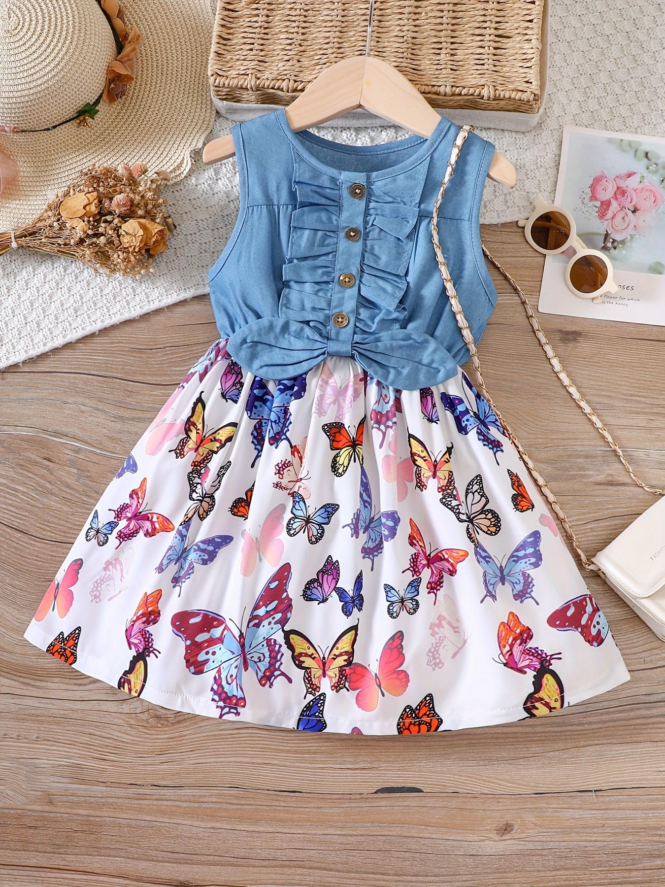Girl's Sleeveless Denim Leopard Print Dress