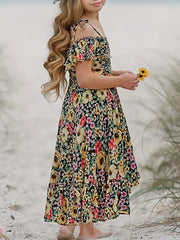 Girls Bohemian Floral Cold Shoulder Ruffle Summer Dress