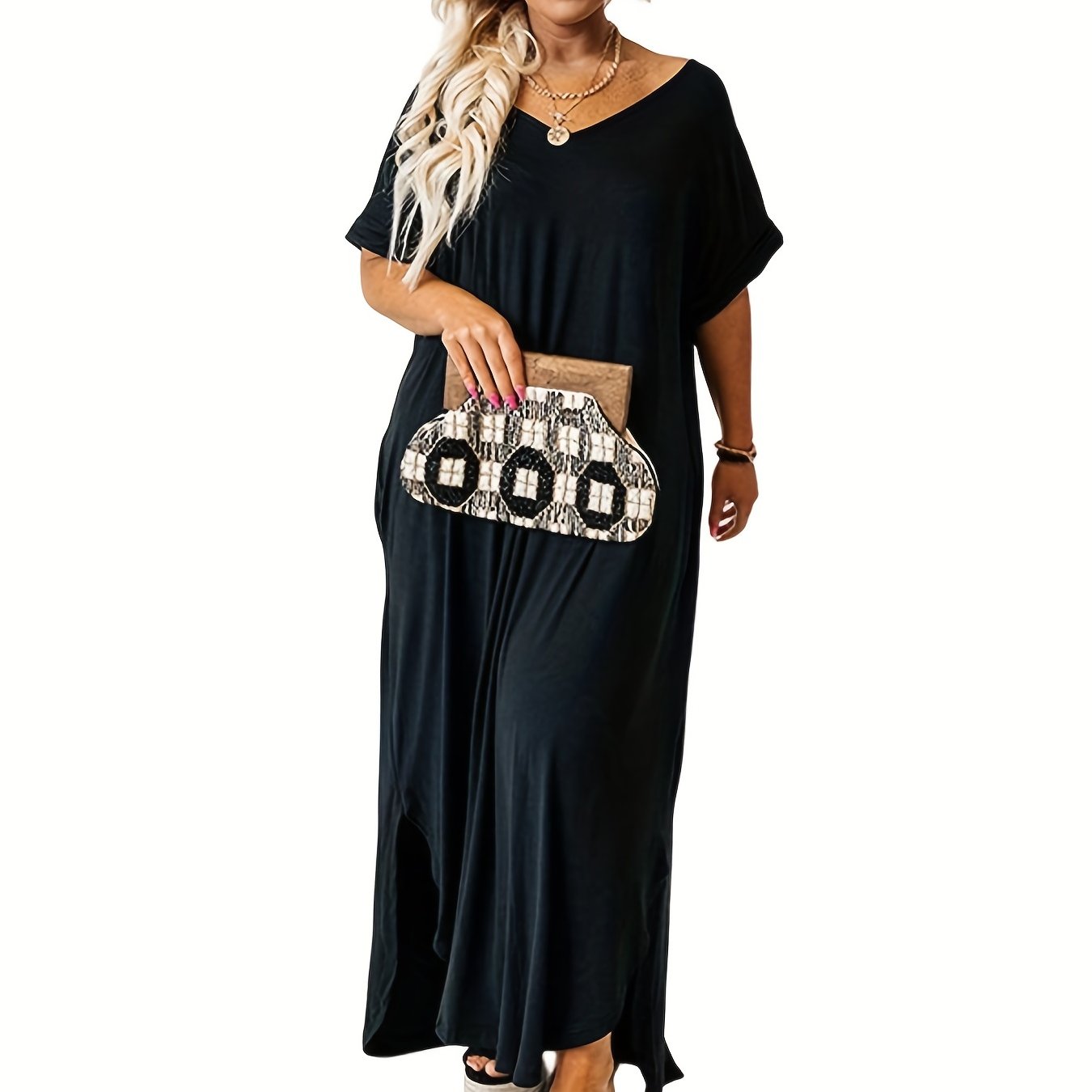 Solid Short Sleeve V Neck Maxi Dress