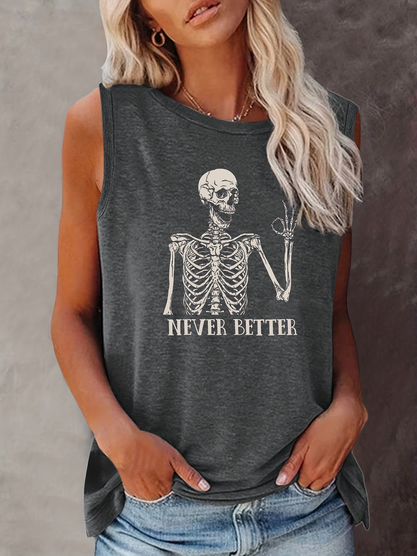 Skull Print Crew Neck Tank Top Sleeveless Casual Summer Women's Clothing