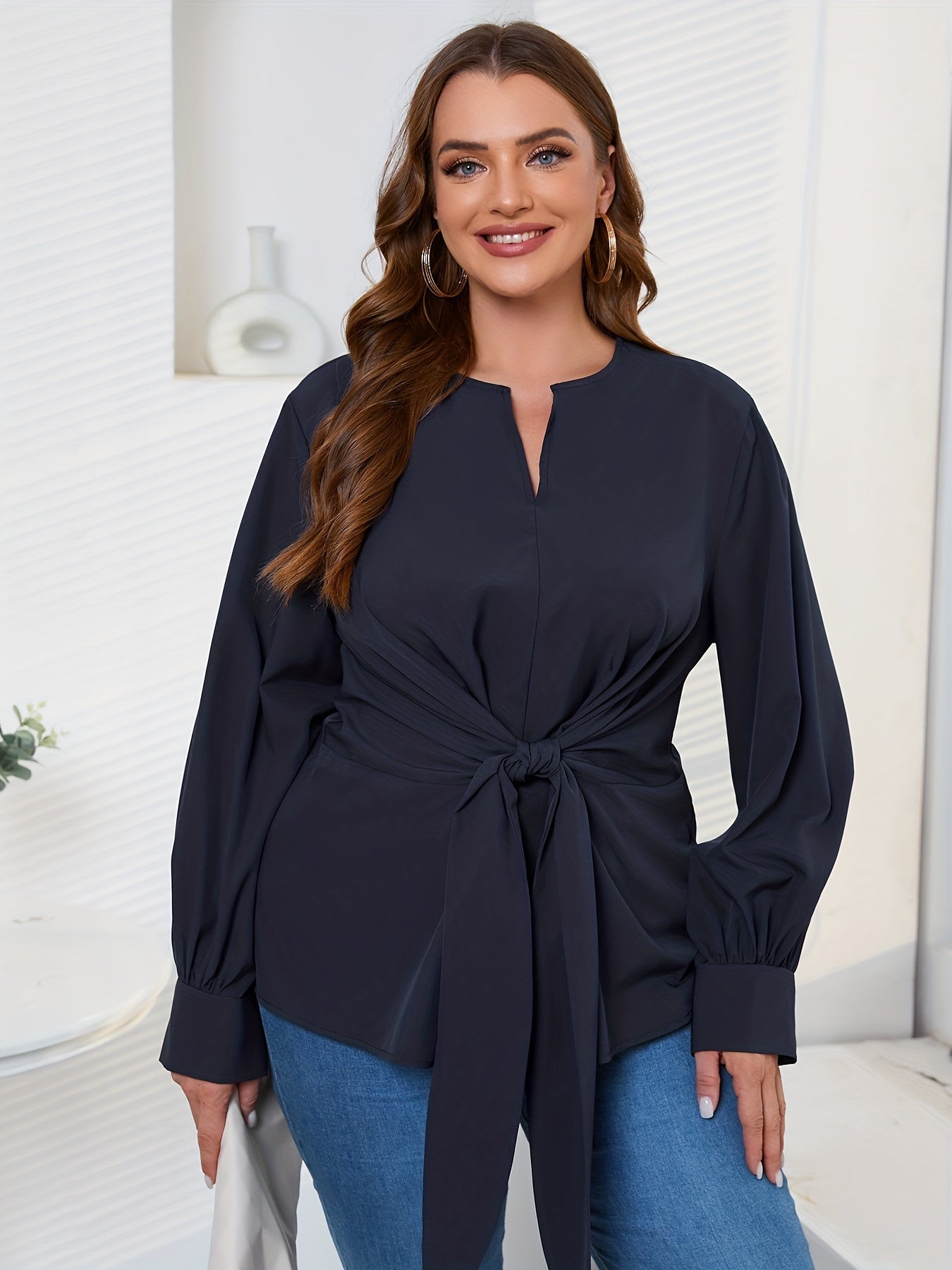 Casual Blouse Women's Solid Knot Front Shirt Top