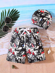 Boys Swim Trunks & Swim Hat Comic Print Elastic Waist Beach Pants