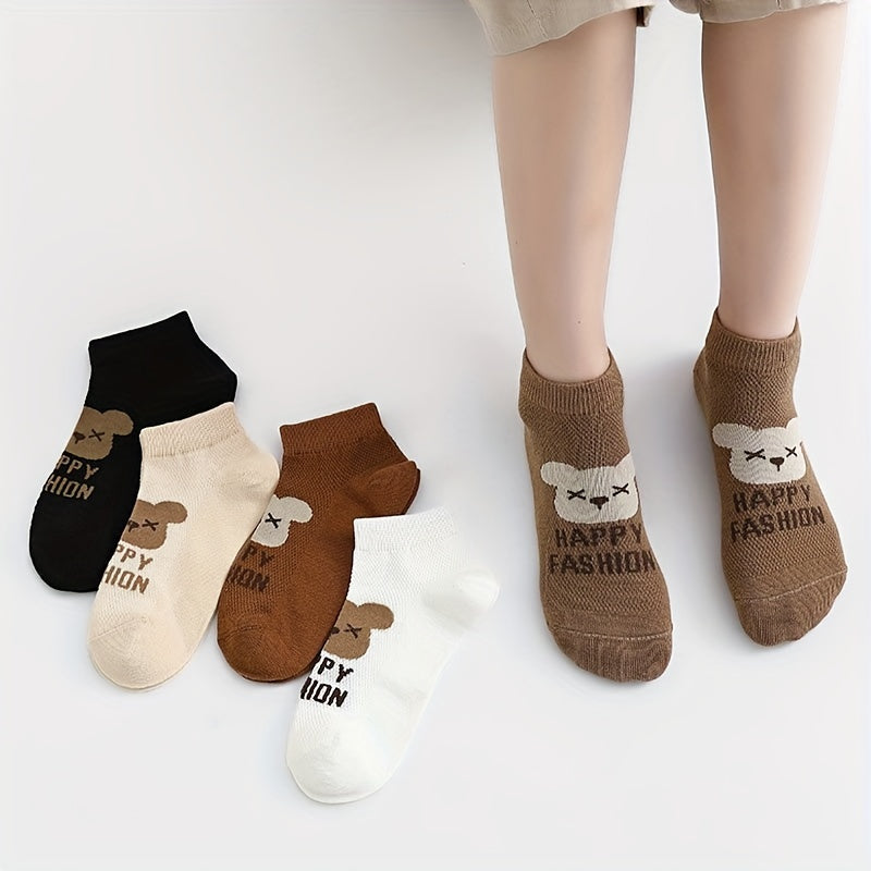 5 Pairs Kids Socks for Spring/Autumn - Girls Cartoon Bear Short Socks