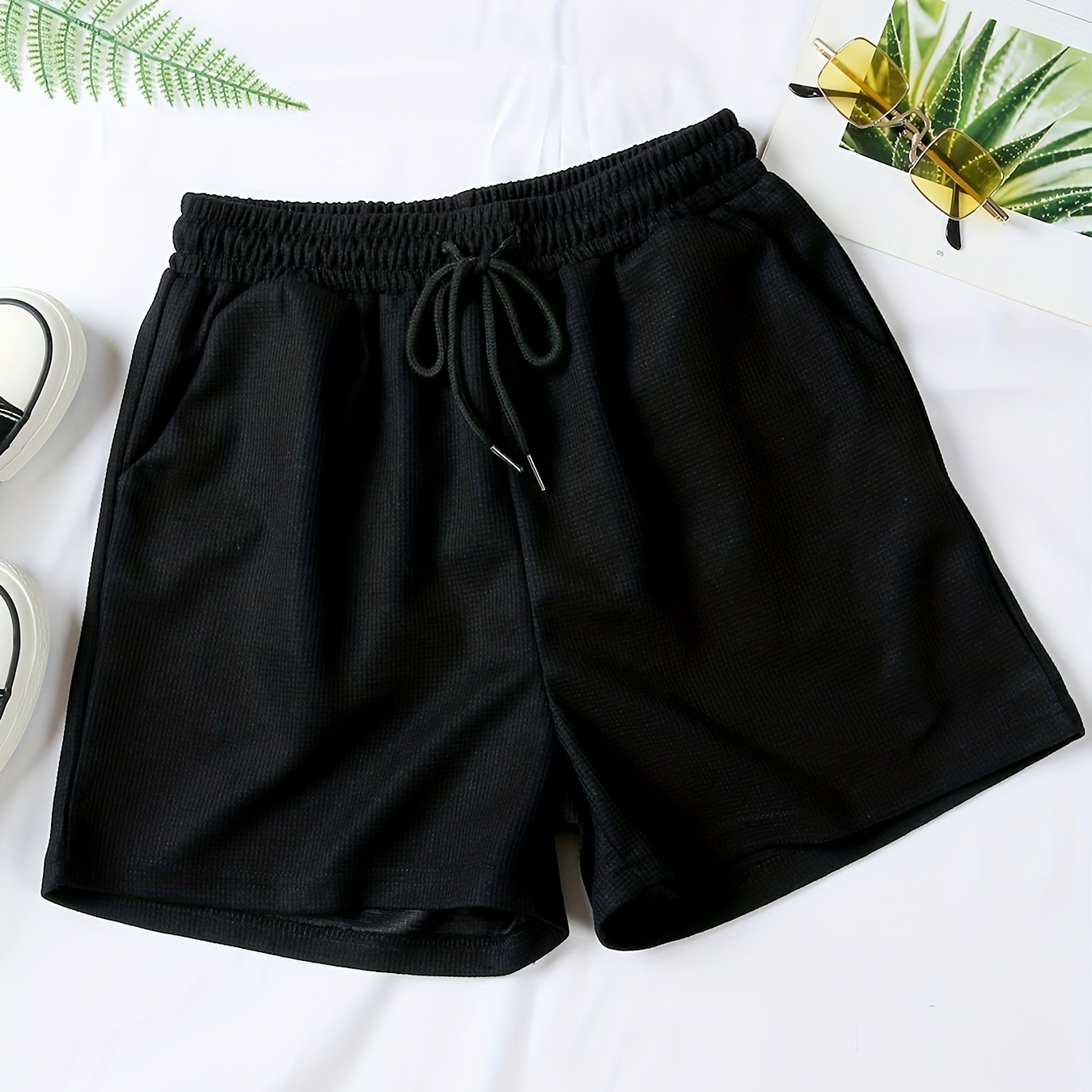 Waffle Drawstring Waist Shorts Solid Summer Casual Women's Clothing