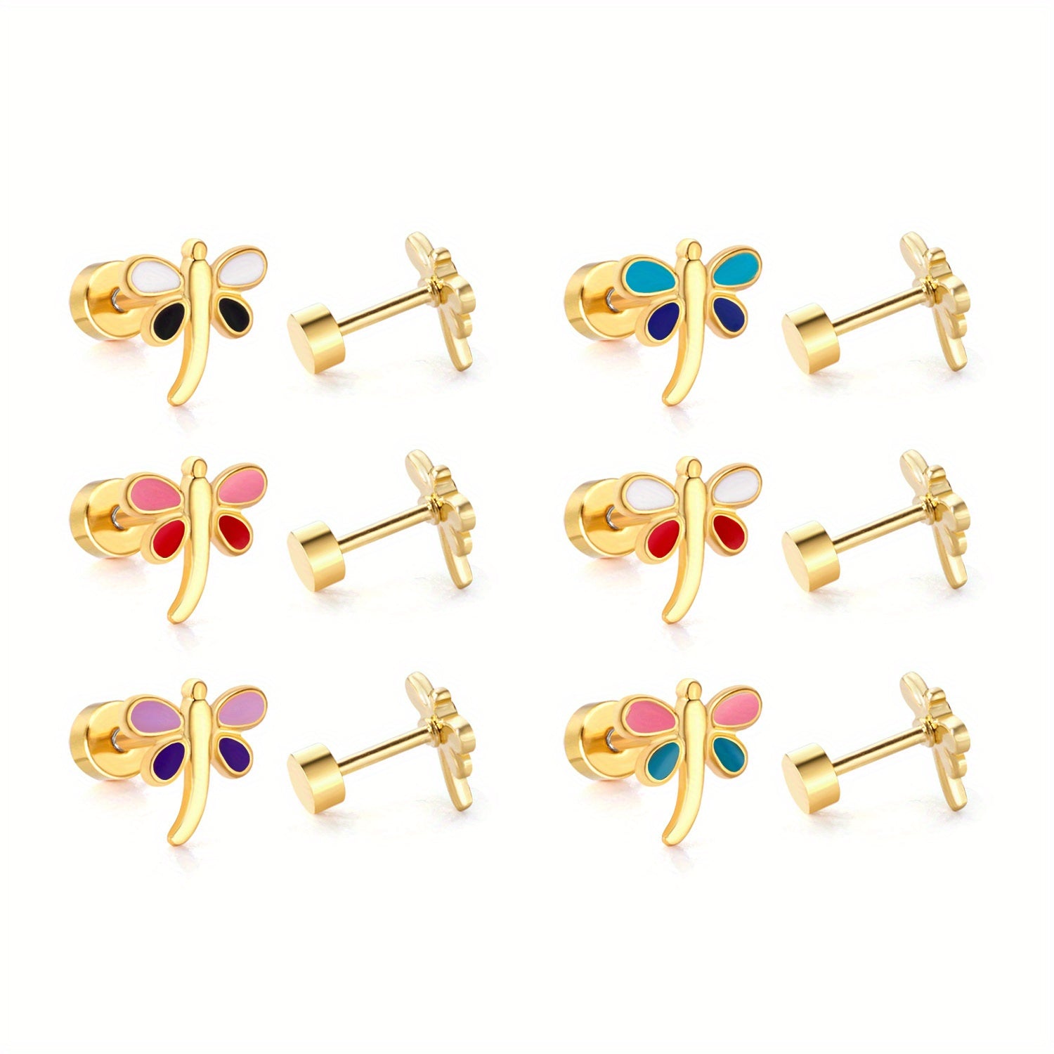 6 Pairs Dragonfly Stud Earrings for Girls