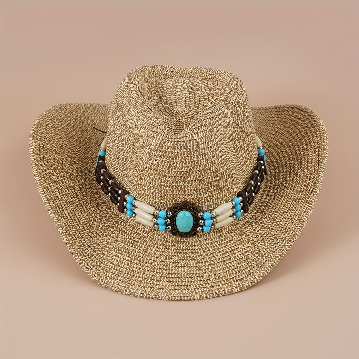 Turquoise Chain Decor Cowboy Hat Khaki Western Straw Cowgirl Hats
