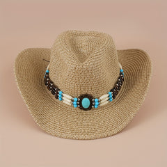 Turquoise Chain Decor Cowboy Hat Khaki Western Straw Cowgirl Hats