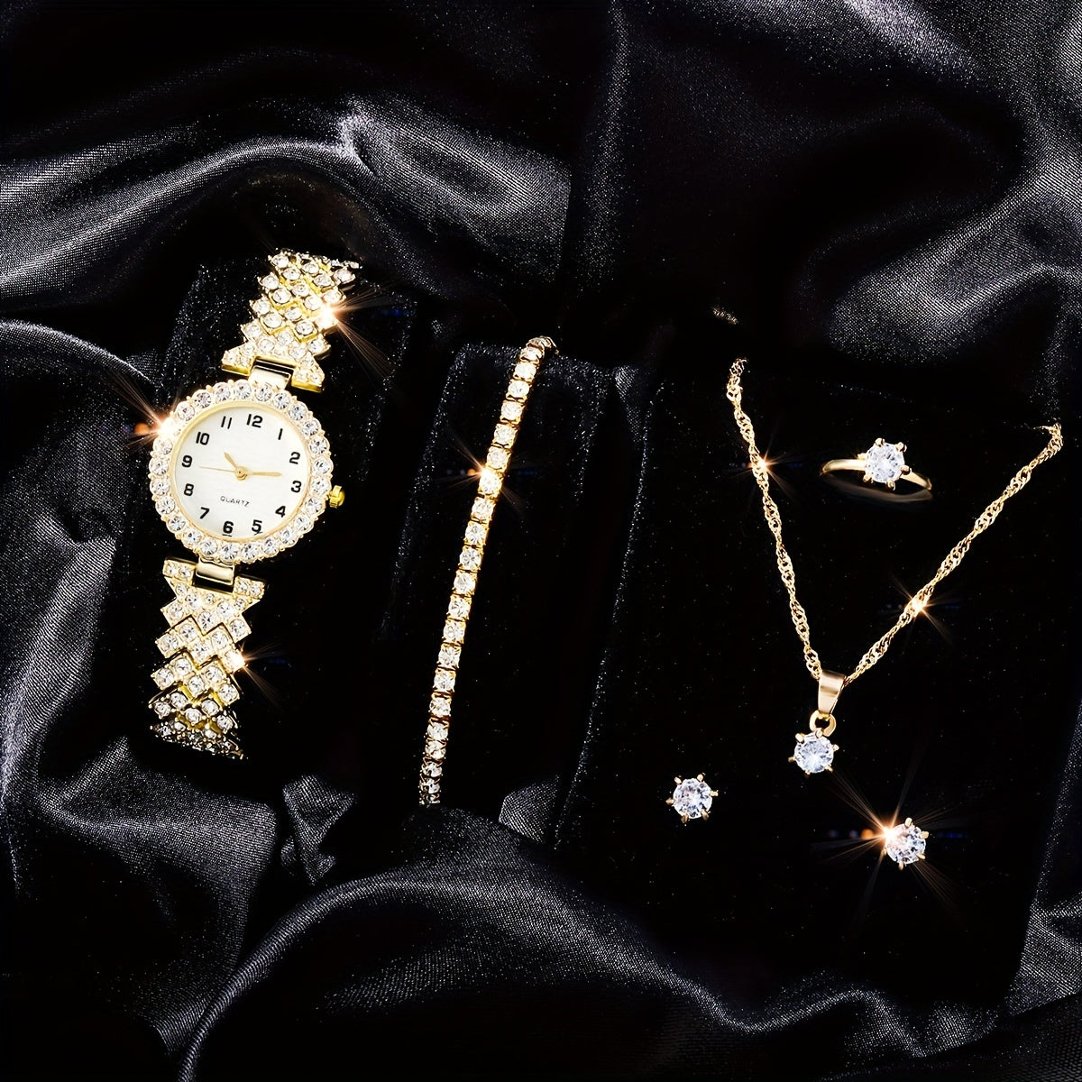 Kids Rhinestone Quartz Analog Watch & Jewelry Set