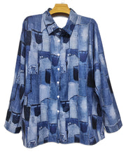 Denim Print Long Sleeve Button Up Shirt Top