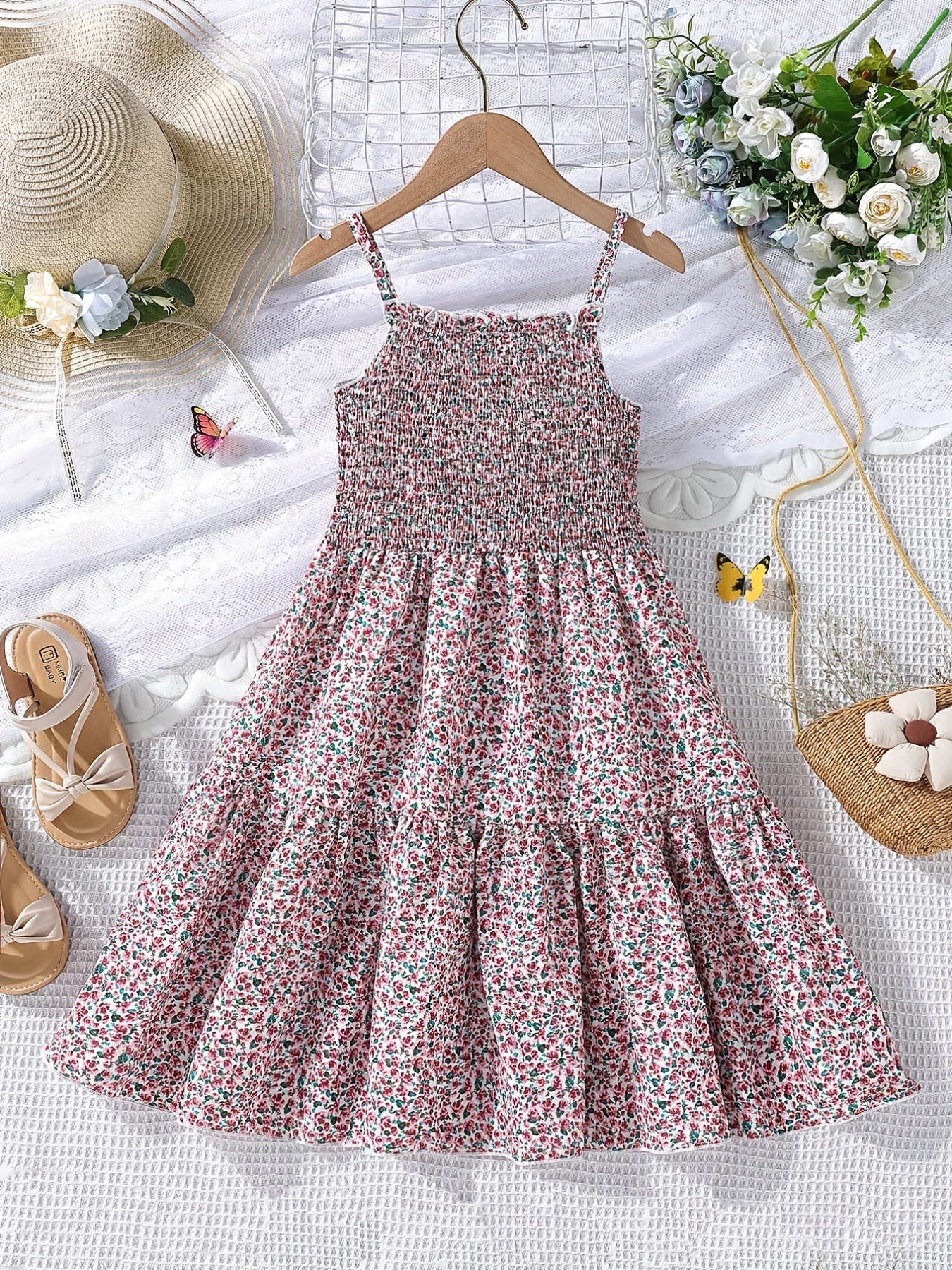 Girl's Floral Shirred Strappy Cami Dress For Party Beach Holiday