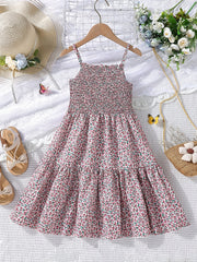 Girl's Floral Shirred Strappy Cami Dress For Party Beach Holiday