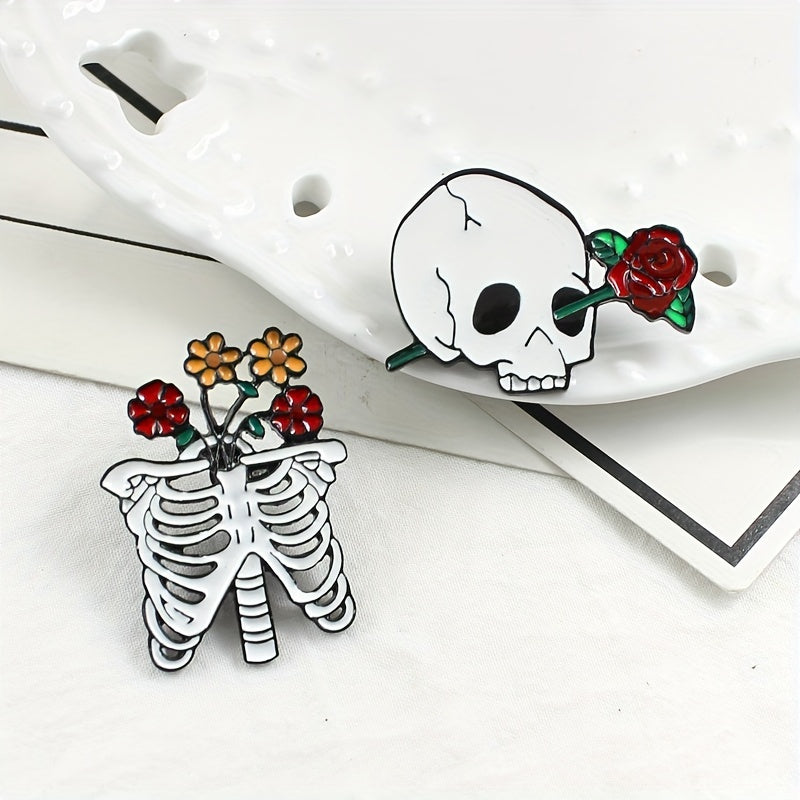 Enamel Skull Skeleton Rose Flower Drop Alloy Brooch Girls Bag Jewelry