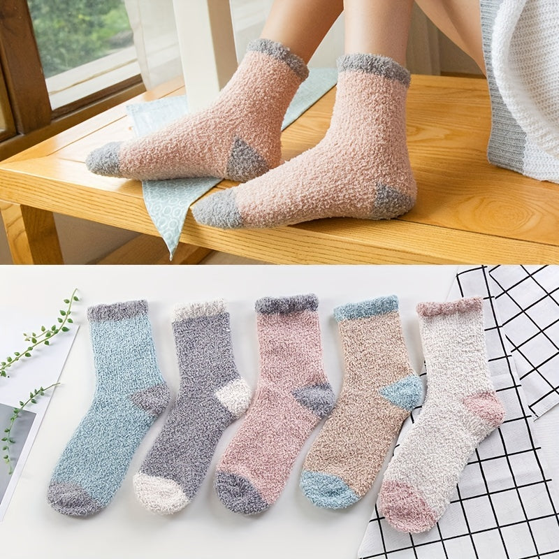 5 Pairs Colorblock Coral Fleece Socks Women's Stockings