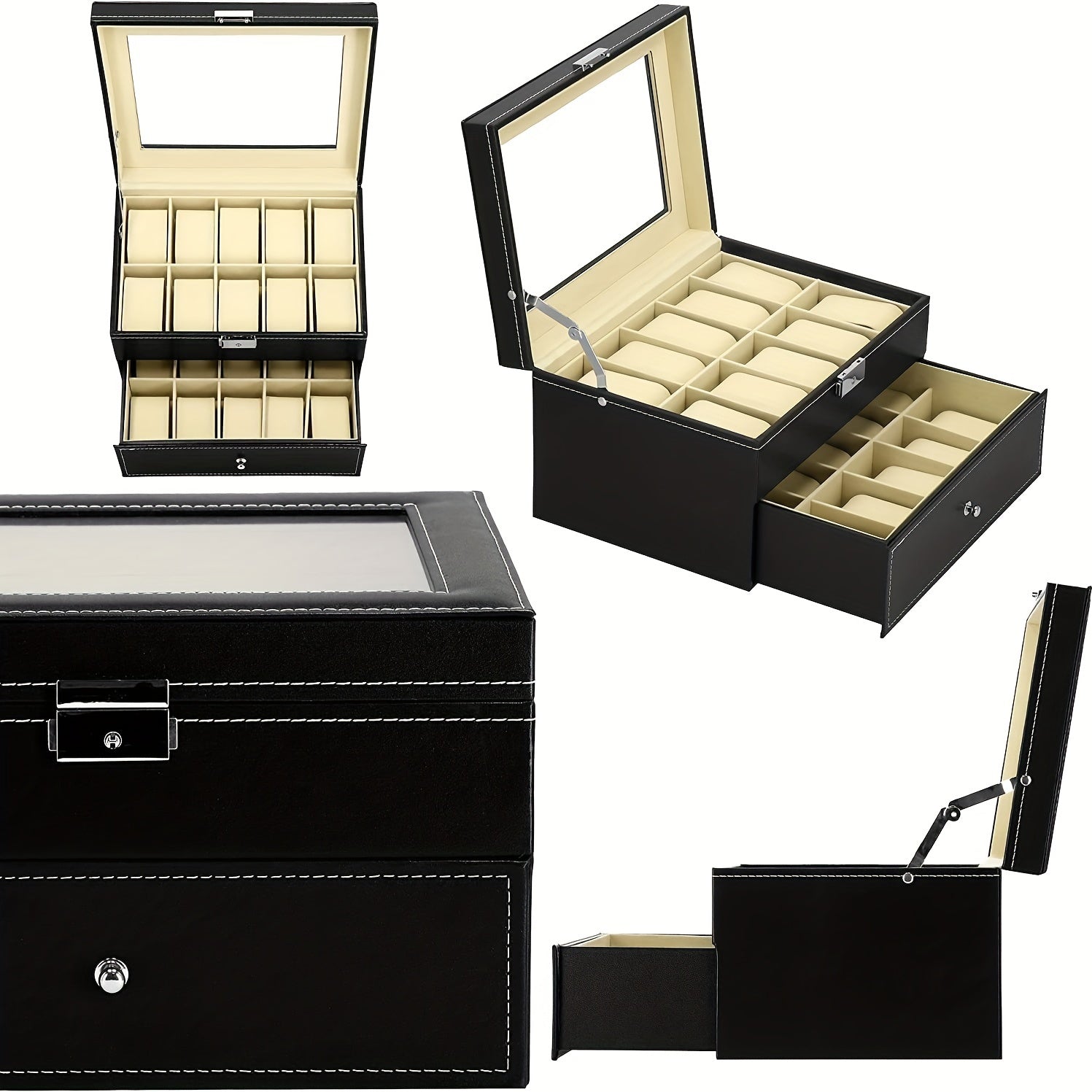 2-Layer Watch Storage Box 20 Watches Leather Case Lock