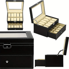2-Layer Watch Storage Box 20 Watches Leather Case Lock