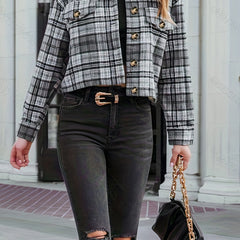 Plaid Print Button Front Jacket Outerwear Women's Clothing