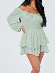 Off Shoulder Ruffle Trim Jumpsuit Solid Lantern Sleeve