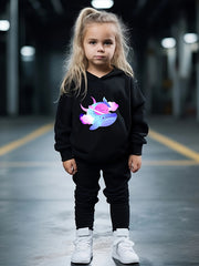 Cartoon Whale Hooded Sweatshirt and Solid Sweatpants Set for Girls