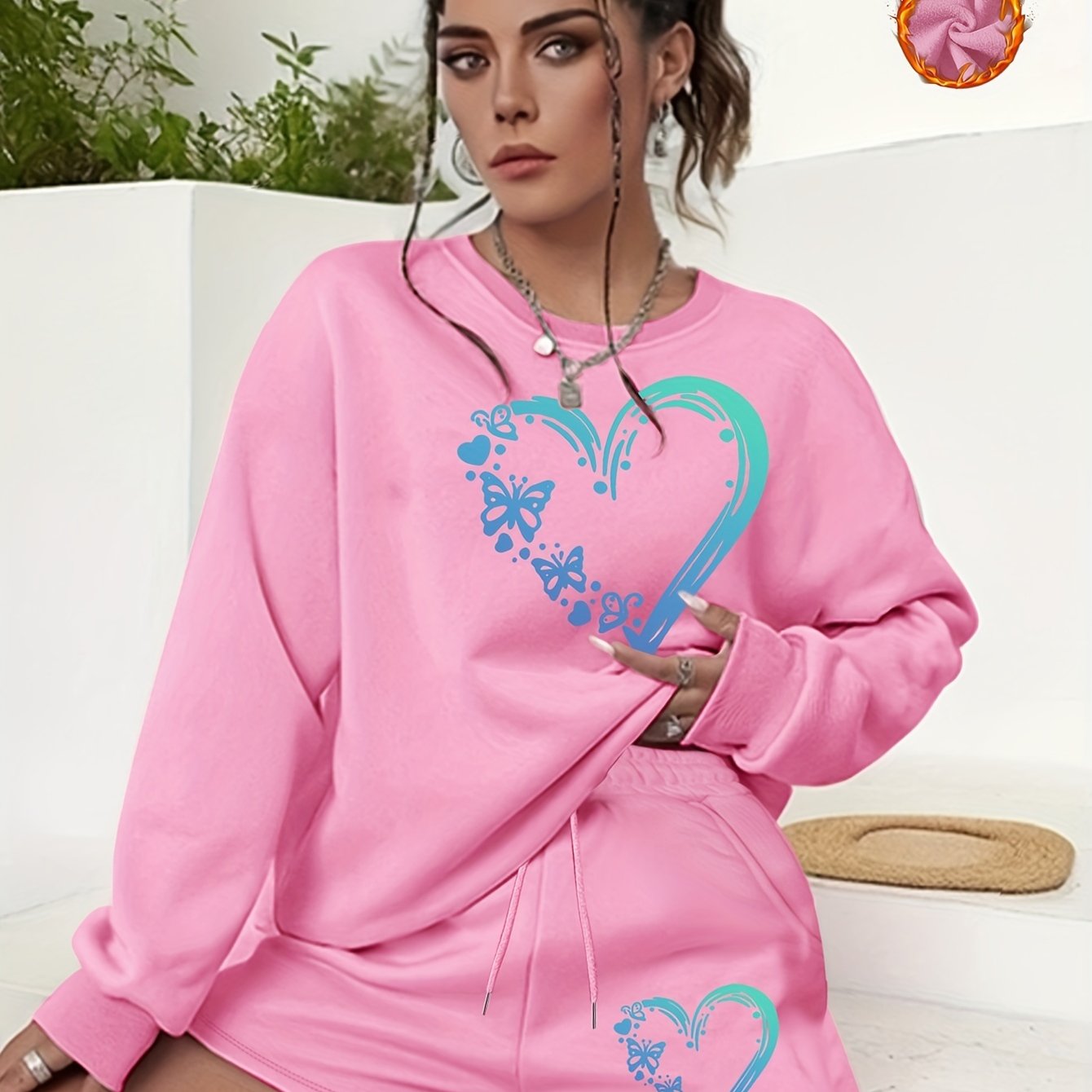 Heart & Butterfly Print Sweatshirt & Shorts 2 Piece Set