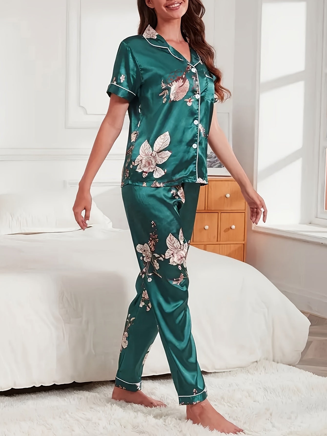 Floral Print Pajama Set Short Sleeve Top & Pants Women's Sleepwear