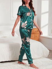 Floral Print Pajama Set Short Sleeve Top & Pants Women's Sleepwear