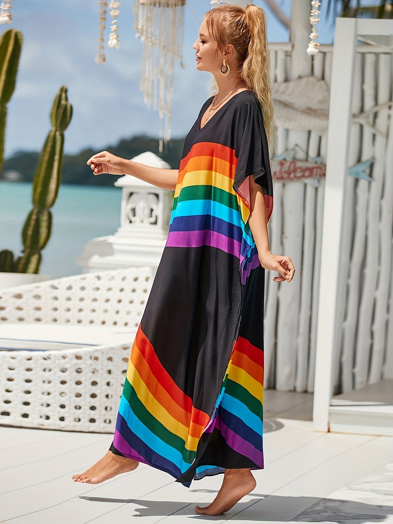 Women's Plus Rainbow Stripe Bat Sleeve V Neck Slight Stretch Cover Up Dress
