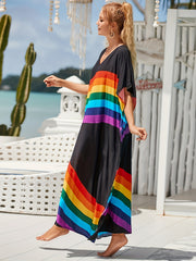 Women's Plus Rainbow Stripe Bat Sleeve V Neck Slight Stretch Cover Up Dress