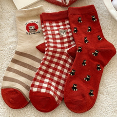 6 Pairs Cartoon Bear Print Socks - Chinese Year Women's Stockings