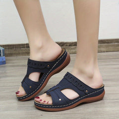 Women's Retro Low Wedge Slippers - Open Toe Arch Support