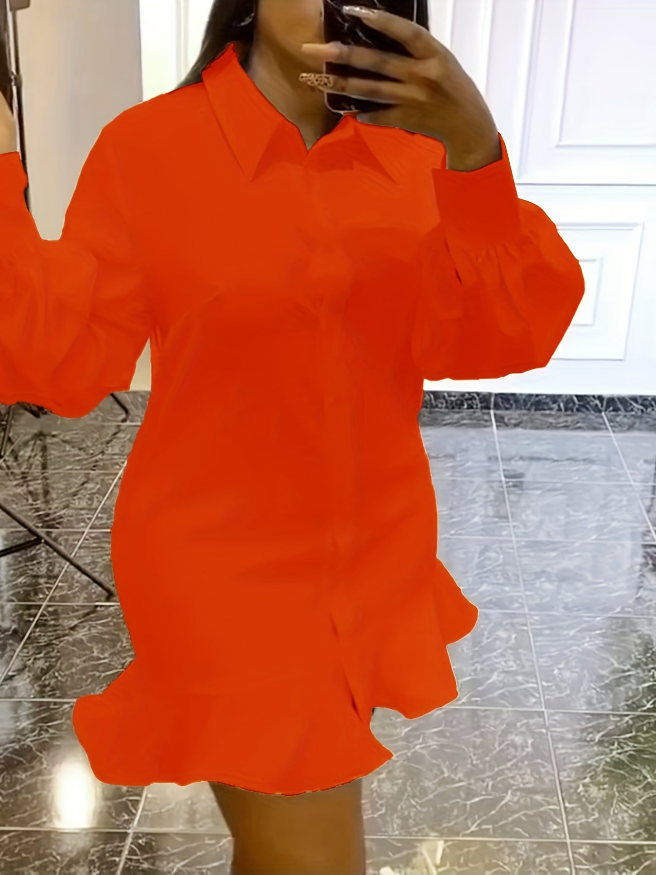 Plus Size Lantern Sleeve Shirt Dress with Ruffle Trim