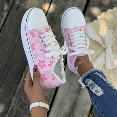 Women's Floral Print Canvas Sneakers Pink Low Top Flat Shoes