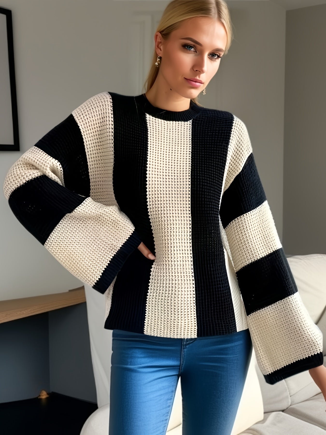 Casual Sweater Women's Plus Stripe Print Waffle Long Sleeve