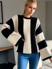 Casual Sweater Women's Plus Stripe Print Waffle Long Sleeve