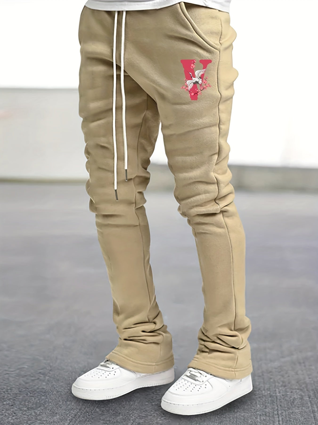 Crane & Floral Print Flared Trousers Men's Hip Hop Joggers
