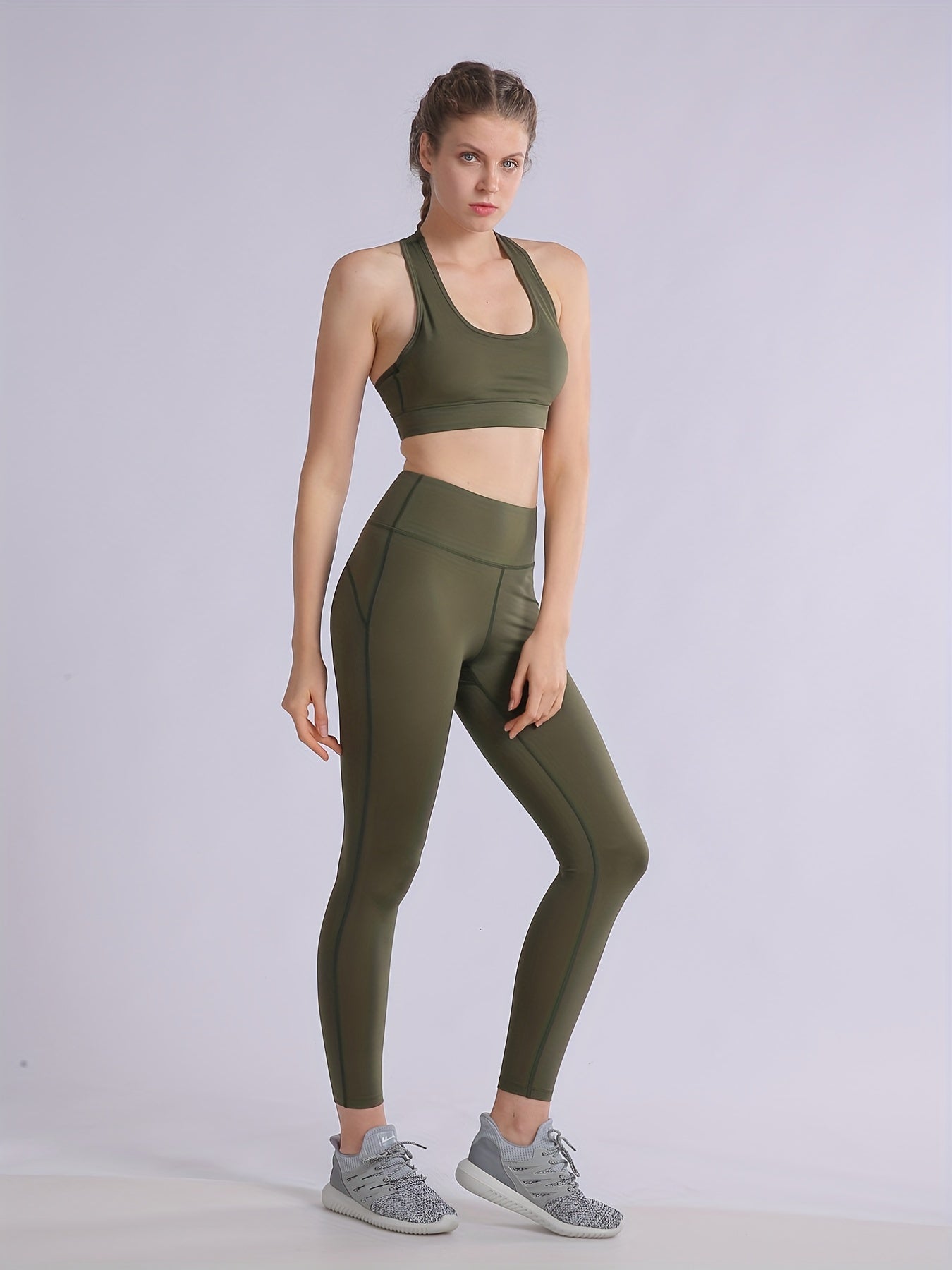 2pcs Solid Yoga Sports Bra & Leggings Set Women's Activewear