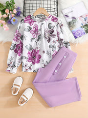 2pcs Girls' Boho Floral Blouse & Button Pants Set