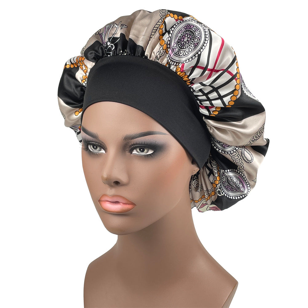 Printed Wide Ribbon Hair Cap Satin Bonnet for Women
