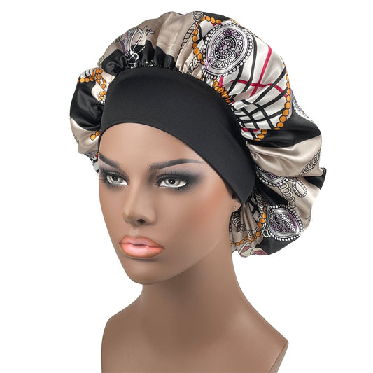 Printed Wide Ribbon Hair Cap Satin Bonnet for Women