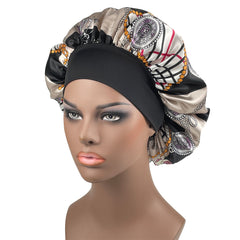 Printed Wide Ribbon Hair Cap Satin Bonnet for Women