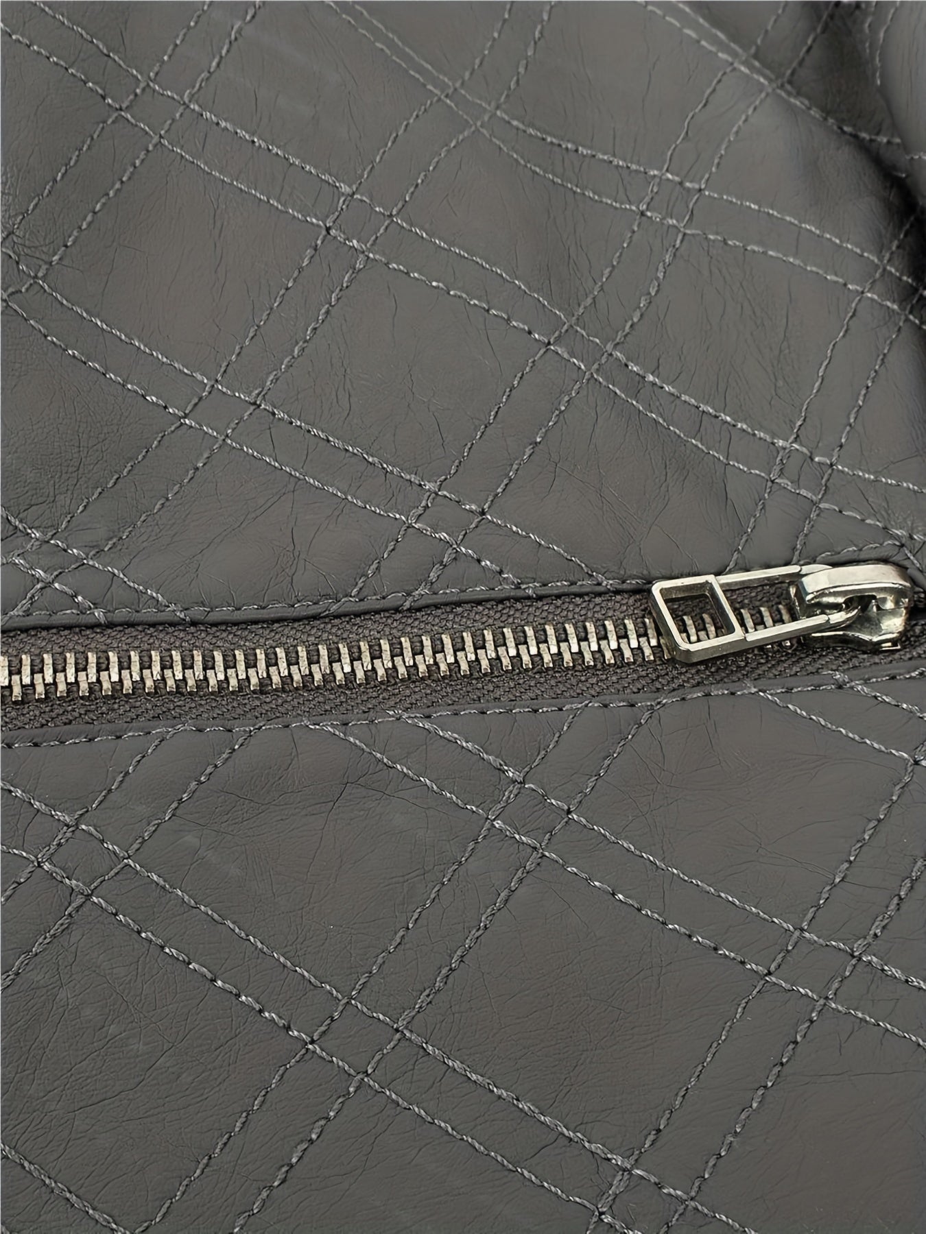 Faux Leather Quilted Jacket Zipper Motor Vintage Long Sleeve