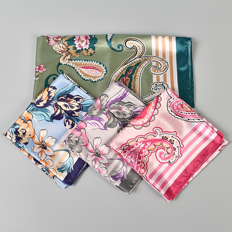 Print Flower Scarf Bandana Square Turban Lightweight Silk Head Scarf