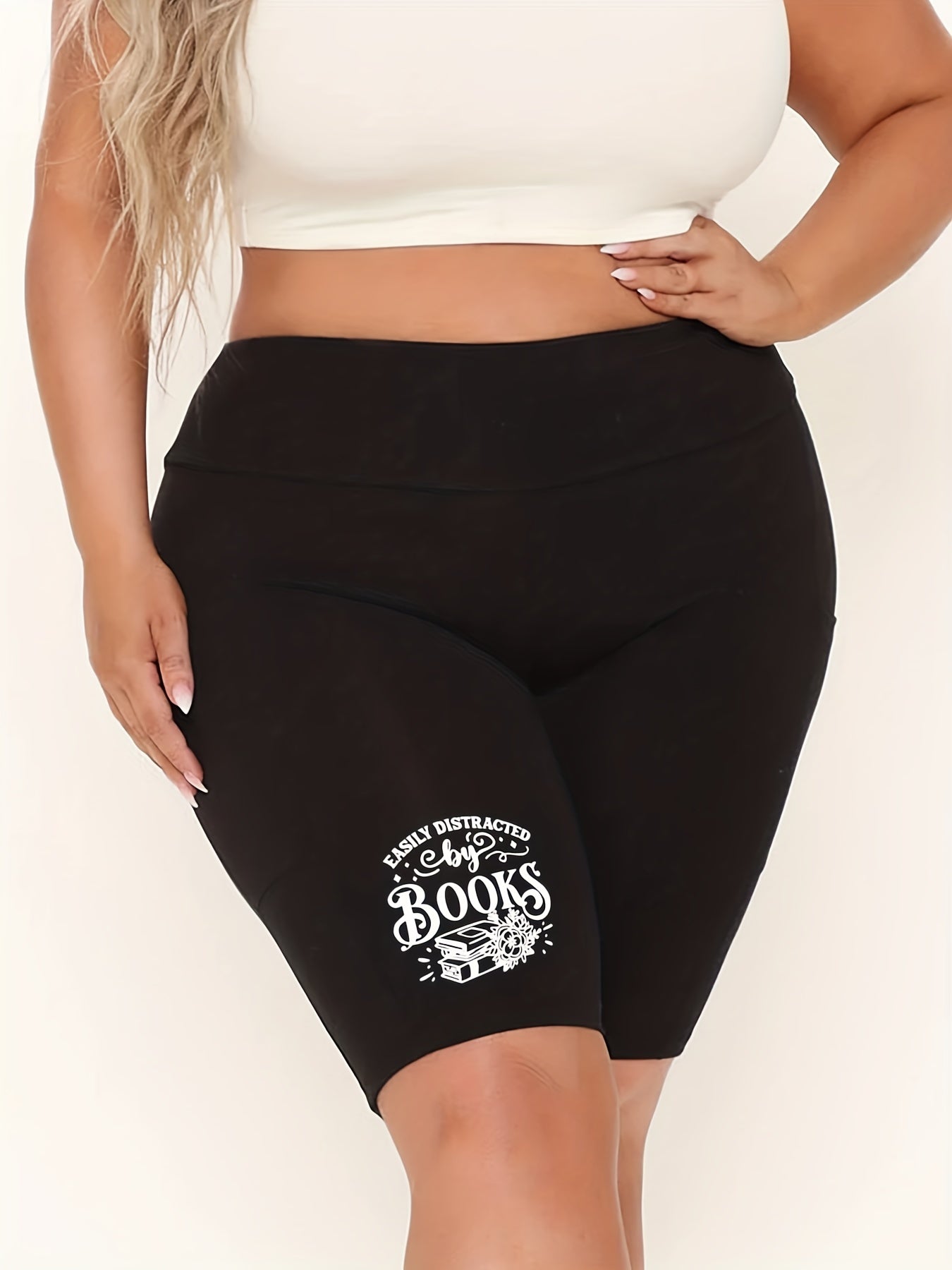 Women's Plus Slogan & Book & Floral Print High Rise Biker Shorts