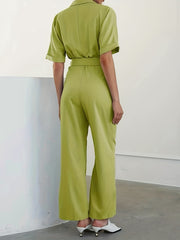 Wide Leg Belted Jumpsuit Notched Collar Short Sleeve Jumpsuit