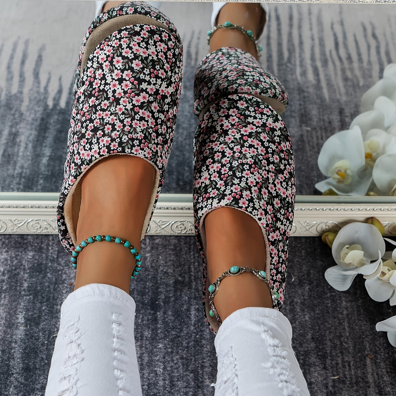 Floral Printed Plush Lined Slippers Warm Cozy Home Bedroom Mute Slippers