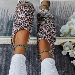 Floral Printed Plush Lined Slippers Warm Cozy Home Bedroom Mute Slippers
