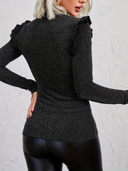 Solid Ruffle Trim Knit Pullover Top Long Sleeve Top For Spring & Fall